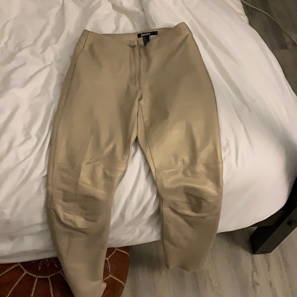 90’s cut DKNY gold tan leather pants.